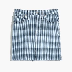 Madewell Stretch Denim Straight Raw Hem Blue Check Mini Skirt